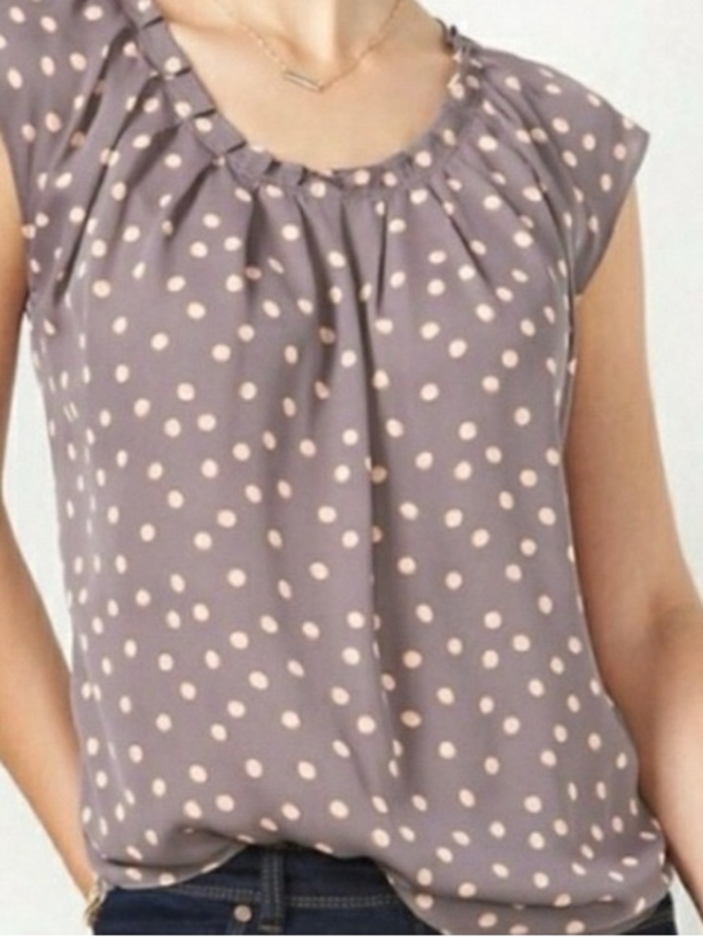 LC Lauren Conrad Polka Dot Cap-Sleeve Blouse - Taupe with Cream Dots